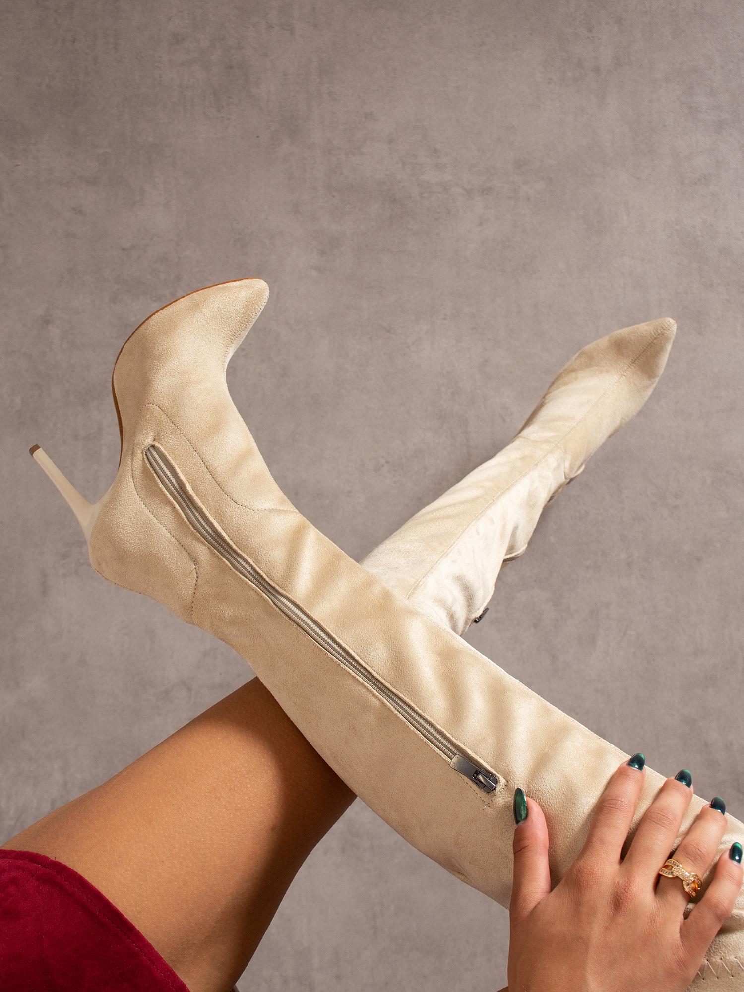 Krem Diz Üstü Kadife Çizme